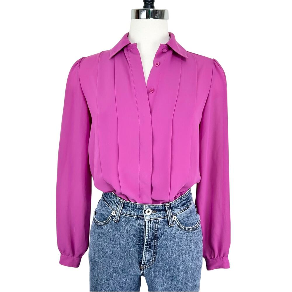 Vintage Blouse Long Sleeve Chaus Pink Magenta Pleated 80's 90's Women's 6‎